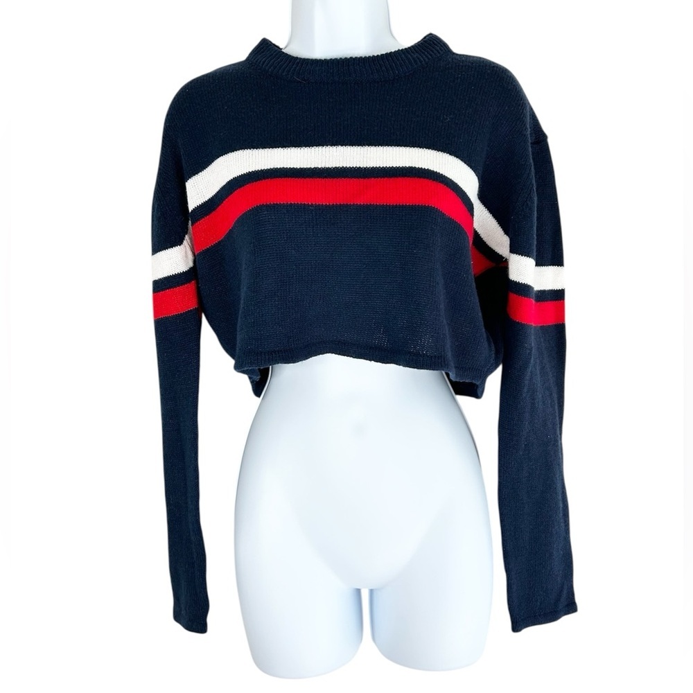 Bluenotes Women's Sweater Top Knit Crop Stripe Long sleeve Crewneck Navy Blue - Picture 2 of 11